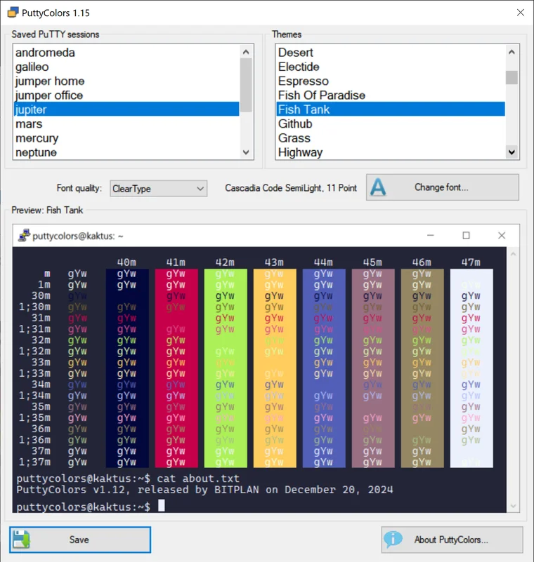 PuttyColors running on Windows - session list on the left, color scheme list on the right, font controls and a live terminal preview